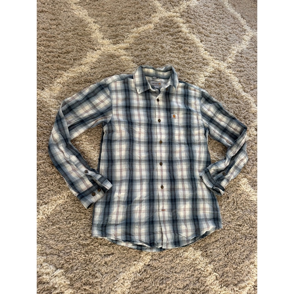 Carhartt Mens Relaxed Fit Plaid Long Sleeve Button Down Shirt Blue White Medium